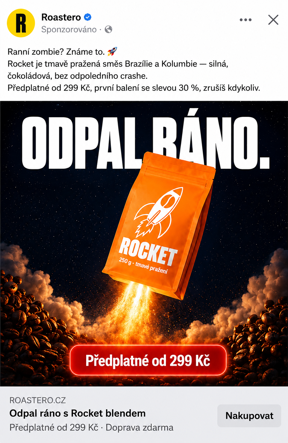 Hotová reklama Roastero jako sponzorovaný příspěvek na Facebooku